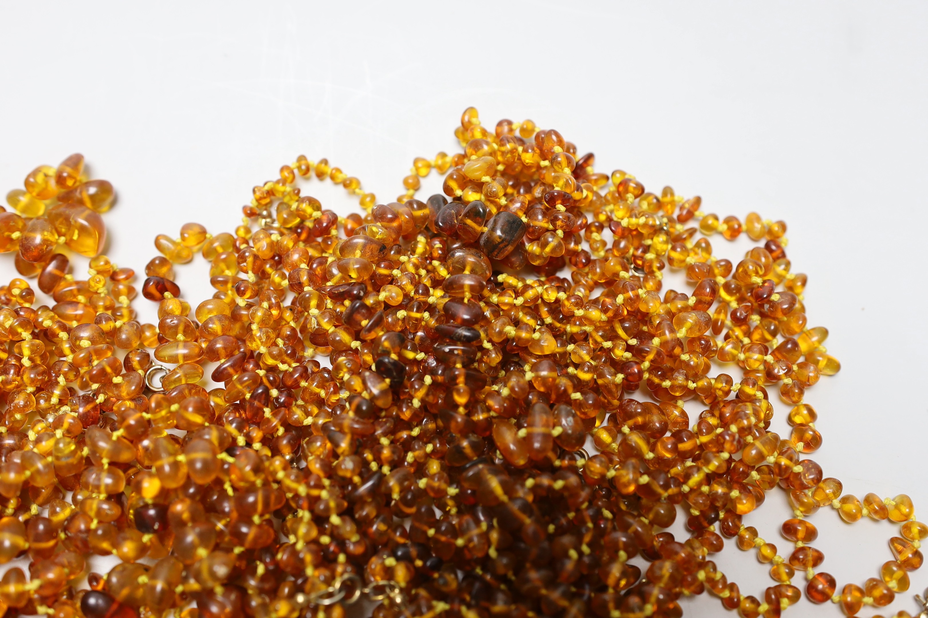 A collection of amber necklaces.